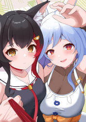 264_(user_ffyd3374) 2girls absurdres animal_ear_fluff animal_ears black_bodysuit black_hair black_shirt blue_hair blush bodysuit breasts choker cleavage closed_mouth dress hair_ornament hairpin highres holding_necktie hololive large_breasts mature_female medium_breasts multiple_girls ookami_mio ookami_mio_(1st_costume) pekomama puffy_cheeks rabbit-shaped_pupils rabbit_ears rabbit_girl red_choker red_eyes red_hair shirt short_eyebrows sleeveless sleeveless_shirt smile symbol-shaped_pupils virtual_youtuber white_dress wolf_ears wolf_girl 
