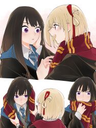  2girls black_hair black_robe blonde_hair blue_necktie blush closed_mouth commentary_request hair_ribbon hand_on_another&#039;s_face harry_potter_(series) highres inoue_takina long_hair lycoris_recoil medium_hair multiple_girls necktie nishikigi_chisato one_side_up open_mouth parted_lips purple_eyes red_eyes red_ribbon red_scarf ribbon robe scarf shiratama_draw simple_background smile white_background wizarding_world yuri 