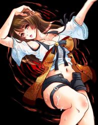  00s 1girl bare_shoulders breasts brown_hair cleavage covered_erect_nipples fatal_frame fatal_frame_5 kozukata_yuuri large_breasts long_hair lying midriff navel nipples on_back open_mouth red_eyes solo suika tongue water 