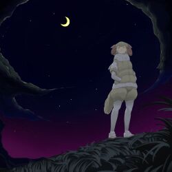  1girl animal_ears baggy_clothes blonde_hair bodystocking brown_horns closed_mouth cloud crescent_moon curled_horns full_body fur_scarf gradient_sky hands_in_pockets highres horns irimo_(knhg3432) kemono_friends layered_sleeves legs_apart long_sleeves looking_to_the_side medium_hair moon night night_sky pink_sky pocket scarf scenery sheep_(kemono_friends) sheep_ears sheep_girl sheep_horns sheep_tail shoes short_over_long_sleeves short_sleeves shorts sky smile solo standing star_(sky) starry_sky tail vest yellow_eyes 