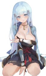  1girl absurdres areola_slip armor armored_dress ayaka_(genshin_impact) between_legs black_gloves blue_eyes blue_hair blunt_bangs breasts covering_breasts covering_privates genshin_impact gloves hair_down hand_between_legs highres large_breasts light_blue_hair long_hair looking_at_viewer open_mouth partially_fingerless_gloves smile solo zombie_ke 