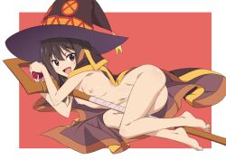  1girl absurdres ass barefoot breasts brown_hair cape hat highres kono_subarashii_sekai_ni_shukufuku_wo! looking_at_viewer lying megumin naked_cape navel nipples nude on_side open_mouth red_eyes simple_background small_breasts solo staff witch_hat yamamoto_shuuhei  rating:Questionable score:148 user:danbooru