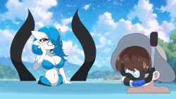  1boy 1girl age_difference alternate_color alternate_hair_length alternate_hairstyle alternate_species bikini bikini_top_only blue_bikini blue_hair blue_sky breasts brown_eyes brown_hair cleavage cloud colored_skin creatures_(company) day eye_contact florian_(pokemon) game_freak gardevoir gen_3_pokemon goggles grapeanime grey_hat grin hair_over_one_eye half-closed_eyes happy hat large_breasts long_hair looking_at_another looking_back matching_hair/eyes mermaid monster_girl navel nintendo one_eye_covered outdoors partially_submerged pokemon pokemon_(creature) pokemon_sv raised_eyebrows red_eyes shiny_pokemon short_hair sky smile snorkel stomach swimming swimsuit teeth water white_skin wide-eyed 