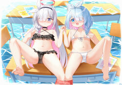  2girls arona_(blue_archive) bare_arms bare_legs bare_shoulders barefoot bikini black_bikini blue_archive blue_eyes blue_hair bow cameltoe closed_mouth collarbone colored_inner_hair commentary_request criss-cross_halter desk embarrassed envelope feet female_focus flat_chest frilled_bikini frills front-tie_bikini_top front-tie_top frown grey_hair hair_bow hairband halo halterneck holding_hands interlocked_fingers leg_ribbon loli long_hair looking_at_viewer lying medium_hair micro_bikini multicolored_hair multiple_girls navel on_back on_desk open_mouth painter-lhb pink_hair plana_(blue_archive) red_pupils red_ribbon ribbon school_desk side-tie_bikini_bottom smile soles stomach swimsuit toes very_long_hair white_bikini white_bow  rating:Questionable score:88 user:danbooru