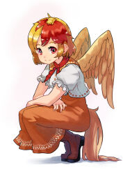  1girl animal animal_on_head bird bird_wings blonde_hair boots brown_footwear chick closed_mouth dress feathered_wings fingernails full_body happy hashiro looking_at_viewer neckerchief niwatari_kutaka on_head orange_dress puffy_short_sleeves puffy_sleeves red_eyes red_neckerchief shirt short_hair short_sleeves simple_background smile solo squatting touhou white_background white_shirt wings yellow_tail yellow_wings 