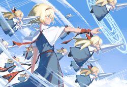  &gt;_&lt; 6+girls alice_margatroid blonde_hair blue_dress blue_eyes capelet closed_mouth dress floating_clothes hairband highres holding holding_polearm holding_weapon lance magic_circle multiple_girls neck_ribbon outline outstretched_arm pointing polearm red_hairband red_ribbon ribbon shanghai_doll short_hair short_sleeves touhou tuck_(tuck23978434) weapon white_capelet white_outline wind 