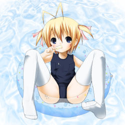 :&gt;= afloat bad_id bad_pixiv_id blonde_hair blue_eyes food food_in_mouth innertube kyohei loli one-piece_swimsuit popsicle popsicle_in_mouth school_swimsuit short_hair solo spread_legs swim_ring swimsuit thighhighs twintails water rating:Questionable score:6 user:danbooru