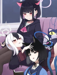  3girls absurdres animal_ears black_eyes black_hair black_hoodie black_horns black_jacket black_pantyhose black_sailor_collar blue_archive blue_halo blue_neckerchief blush cat_ears cat_tail closed_mouth colored_inner_hair demon_horns extra_ears grey_halo hair_ornament hairclip halo haori highres hood hood_down hooded_jacket hoodie horns jacket japanese_clothes kayoko_(blue_archive) kazusa_(blue_archive) kikyou_(blue_archive) long_hair multicolored_hair multiple_girls multiple_tails neckerchief open_mouth pantyhose pink_hair pink_halo red_eyes sailor_collar shiroiurushi short_hair smile tail two_tails white_hair 