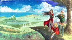  armor black_hair blonde_hair blush brown_eyes cape city cliff dress elf fantasy garter_straps green_eyes hand_on_own_head hand_up high_heels horizon kazeno light_particles long_hair looking_at_viewer looking_to_the_side low_ponytail open_mouth original pointy_ears rpg_maker scenery shorts sitting thighhighs town tree water wind 