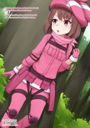 1girl animal_hat brown_eyes brown_hair commentary english_text gloves hat highres llenn_(sao) long_sleeves looking_at_viewer pants patreon_logo pink_hat solo sword_art_online sword_art_online_alternative:_gun_gale_online text_focus thigh_strap tree uniform vahn_yourdoom rating:General score:25 user:AngryZapdos