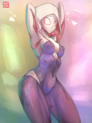  1girl abs abstract_background arms_behind_head arms_up covered_erect_nipples cowboy_shot female_focus gwen_stacy highres hood looking_at_viewer marvel mask nipples skin_tight solo spider-gwen spider-man_(series) thick_thighs thighs tomo_zeta  rating:Questionable score:27 user:Boomshaqalaqa