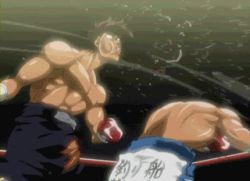 abs animated animated_gif battle black_hair boxing dempsey_roll epic fighting hajime_no_ippo lowres makunouchi_ippo male_focus manly muscular punching sendou_takeshi topless_male short_hair rating:Sensitive score:34 user:maxxxspider