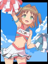 +_+ 1girl :d absurdres alternate_costume arm_strap arm_up bare_shoulders black_border blue_sky blush border brown_hair cheerleader clothes_lift cloud collarbone colored_inner_hair commentary cowboy_shot day fang flat_chest green_eyes hair_intakes hand_up highres holding holding_pom_poms looking_at_viewer medium_hair miniskirt multicolored_hair navel oka_asahi onii-chan_wa_oshimai! open_mouth orange_hair outdoors panties panty_peek pleated_skirt pom_pom_(cheerleading) pom_poms red_panties ribs skirt skirt_lift sky smile solo sports_bra sweat two_side_up u_illustrator underwear white_skirt wind wind_lift 