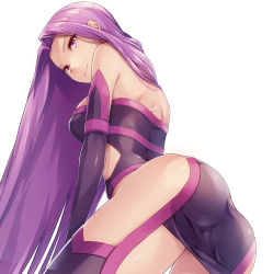  1girl absurdres ass back bare_shoulders breasts fate/stay_night fate_(series) highres long_hair medusa_(fate) medusa_(rider)_(fate) medusa_(rider)_(third_ascension)_(fate) purple_eyes purple_hair sajittari simple_background smile solo very_long_hair white_background  rating:Sensitive score:78 user:danbooru
