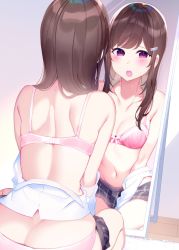 1girl ass bare_shoulders black_skirt blush bow bow_bra bra breasts brown_hair butt_crack chikuwa. cleavage clothes_pull collarbone commentary_request from_behind full-length_mirror groin hair_ornament hairclip highres long_hair looking_at_viewer medium_breasts mirror navel open_mouth original panties pink_bra pink_panties pleated_skirt purple_eyes reflection shirt shirt_pull sitting skirt skirt_pull solo underwear white_shirt rating:Sensitive score:25 user:danbooru