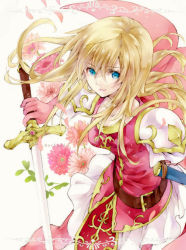  1girl armor belt blonde_hair blue_eyes cape fire_emblem fire_emblem:_genealogy_of_the_holy_war floral_background gloves lachesis_(fire_emblem) long_hair looking_at_viewer mochineko nintendo painting_(medium) sheath skirt smile solo solo_focus sword traditional_media watercolor_(medium) weapon 