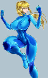  1girl bad_id bad_pixiv_id blonde_hair blue_background blue_eyes bodysuit breasts clenched_hands covered_erect_nipples highres huge_breasts long_hair metroid narrow_waist nintendo ponytail samus_aran serious simple_background skin_tight solo spacezin thick_thighs thighs white_background zero_suit  rating:Sensitive score:142 user:danbooru