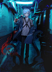  1boy 75mm_sad absurdres backlighting bishounen blood blood_on_hands blue_eyes blue_hair blue_theme ceiling_light chest_harness distortion eyelashes full_body harness highres jacket light_blue_hair long_sleeves looking_at_viewer male_focus monster_boy o-ring off_shoulder open_clothes open_jacket original outdoors pants reaching reaching_towards_viewer ringed_eyes shadow shirt short_hair solo standing tentacles white_shirt 