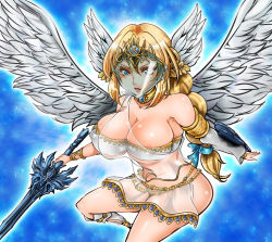  1041_(toshikazu) 1girl angel blonde_hair blue_eyes breasts cleavage elysium_(soulcalibur) female_focus huge_breasts jewelry large_breasts long_hair looking_at_viewer lots_of_jewelry mask necklace see-through solo soul_calibur soul_calibur_(weapon) soulcalibur soulcalibur_v sword weapon wings  rating:Questionable score:48 user:wackwack