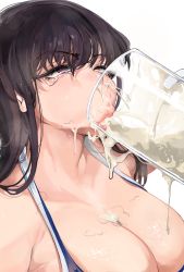  1girl absurdres black_hair breasts cleavage crying crying_with_eyes_open cum cum_in_container cum_in_cup cum_in_face cum_in_mouth cum_in_nose cum_on_body cum_on_upper_body cup drinking drinking_glass female_pubic_hair glass gokkun highres komi-san_wa_komyushou_desu komi_shouko large_breasts long_hair looking_at_viewer mamimi_(mamamimi) pubic_hair purple_eyes rolling_eyes solo stray_pubic_hair swimsuit tears  rating:Explicit score:650 user:Dark_Samy