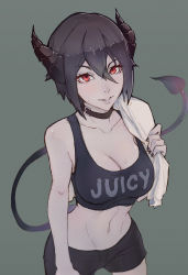 1girl :d arm_at_side bare_shoulders black_hair black_nails black_shorts blue_skin breasts choker cleavage clothes_writing collar collarbone colored_skin cowboy_shot crop_top demon_girl demon_horns demon_tail evelyn_(unsomnus) eyelashes fingernails green_background grey_background grin groin hair_between_eyes highres horns large_breasts legs_apart lips long_fingernails looking_at_viewer midriff nail_polish open_mouth original over_shoulder parted_lips red_eyes short_hair short_shorts shorts sidelocks simple_background sleeveless smile solo standing stomach sweat sweatdrop tail tank_top towel unsomnus upper_body rating:Sensitive score:115 user:danbooru