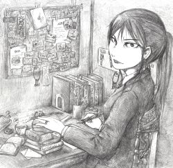  1girl book desk female_focus highres indoors monochrome sitting solo  rating:Sensitive score:0 user:Hijenchi