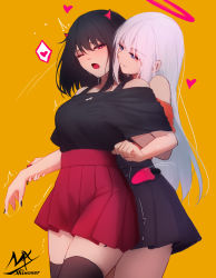 2girls absurdres angel_and_devil angel_girl_(shimmer) artist_name bare_shoulders black-haired_demon_girl_(shimmer) black_hair black_legwear black_nails black_shirt black_skirt blue_eyes breasts brown_background closed_mouth demon_girl demon_horns demon_tail fang grey_hair hair_between_eyes halo hand_under_clothes hand_under_shirt heart highres horns long_hair medium_breasts multiple_girls nail_polish off-shoulder_shirt off_shoulder one_eye_closed open_mouth orange_shirt original pleated_skirt red_eyes red_skirt saliva shimmer shirt short_sleeves signature simple_background skirt spoken_heart tail thighhighs trembling very_long_hair yellow_background yuri rating:Questionable score:57 user:danbooru