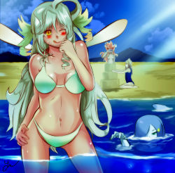  4girls absurdres ahoge alternate_form aqua_eyes artist_name beach bikini blue_hair blush breasts brown_hair cleavage closed_eyes cloud day drill_hair facepalm gnome_(mon-musu_quest!) green_hair groin hair_over_one_eye hand_on_own_thigh hat highres jamjamstyle lips long_hair medium_breasts mon-musu_quest! mountain multiple_girls navel no_mouth no_nipples nude one-piece_swimsuit one_eye_closed one_eye_covered orange_hair outdoors outline parted_bangs partially_submerged reflection salamander_(mon-musu_quest!) sand_castle sand_sculpture shadow shiny_skin sidelocks sky sparkle sunlight sweatdrop swimsuit sylph_(mon-musu_quest!) tail tongue tongue_out undine_(mon-musu_quest!) yellow_eyes 