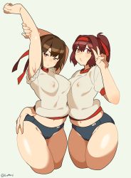 10s 2girls arm_up bad_id breasts brown_hair buruma cameltoe cropped_legs curvy emu_(eomou) covered_erect_nipples gym_shirt gym_uniform hand_on_another&#039;s_hip headband highres hyuuga_(kancolle) ise_(kancolle) kantai_collection large_breasts multiple_girls navel plump ponytail red_hair shirt stretching thick_thighs thighs twitter_username underwear v wide_hips rating:Questionable score:45 user:danbooru