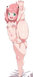  1girl absurdres anus anya_(spy_x_family) breasts cum cum_on_body feet female_focus from_behind full_body gaping_anus green_eyes highres panimiiru pink_hair simple_background small_areolae small_breasts small_nipples spy_x_family standing 