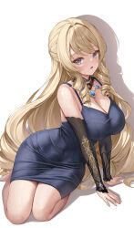  1girl absurdres alternate_costume arm_support black_arm_warmers blonde_hair blue_dress blue_hair blush breasts cleavage covered_navel curvy dress genshin_impact highres large_breasts long_hair looking_at_viewer lunacle navia_(genshin_impact) open_mouth seiza shadow simple_background sitting sleeveless sleeveless_dress solo white_background 