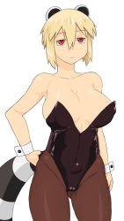 1girl animal_ears araiguma-san bare_shoulders blonde_hair breasts cameltoe cleavage frown jitome large_breasts leotard nontraditional_playboy_bunny original pantyhose playboy_bunny raccoon_ears raccoon_tail red_eyes short_hair simple_background solo tail tsukudani_(coke-buta) white_background wrist_cuffs rating:Questionable score:19 user:BlueBaroness