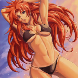 00s 1girl abs absurdres armpits arms_behind_back arms_up bikini bikini_tan black_bikini breasts eiwa female_focus highres large_breasts long_hair muscular queen&#039;s_blade red_hair risty_(queen&#039;s_blade) risty_(queen's_blade) solo swimsuit tan tanline toned underboob wet wilderness_bandit_risty rating:Questionable score:88 user:danbooru