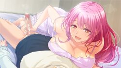 1girl bed blush bottomless breast_press breasts censored cleavage covered_erect_nipples cum cum_on_hands eyebrows_hidden_by_hair game_cg handjob indoors kanou_mizuho_(love_cafe) large_breasts legs long_hair looking_at_viewer love_cafe:_doutei_na_ore_demo,_kyonyuu_onna_senpai_to_dousei_dekirutte_maji_desu_ka? lying lying_on_person mosaic_censoring on_bed on_stomach open_mouth original penis pink_hair pov ppp_room red_eyes smile thighs rating:Explicit score:12 user:Ynyswydryn