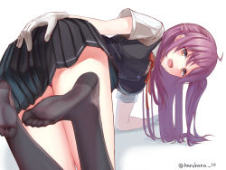 10s 1girl ahoge all_fours black_legwear blush feet foot_focus gloves hagikaze_(kancolle) hand_on_ass kantai_collection long_hair looking_at_viewer no_shoes open_mouth pov purple_hair soles toes rating:Questionable score:30 user:ssfl