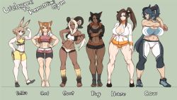 6+girls agawa_ryou animal_ears anklet barefoot black_eyes black_hair blonde_hair blue_eyes blue_hair breasts breasts_apart brown_eyes brown_hair rabbit bust_chart cat cat_ears cat_girl cow cow_girl curvy dark-skinned_female dark_skin dog dog_ears goat goat_horns hooves horns horse huge_breasts humanization jewelry kemomimi_gym large_breasts lineup long_hair looking_at_viewer midriff multiple_girls muscular muscular_female navel orange_eyes orange_hair original pink_eyes rabbit_ears small_breasts smile standing thick_thighs thighs toeless_legwear toned very_long_hair wide_hips yellow_eyes rating:Sensitive score:282 user:danbooru