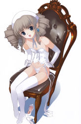  1girl absurdres blue_eyes brown_hair chair choker corset drill_hair earrings elbow_gloves embarrassed flat_chest gloves hairband high_heels highres iron_princess_ymir jewelry lingerie mibu_natsuki navel open_mouth panties panty_lift queen&#039;s_blade shoes side-tie_panties simple_background sitting solo thighhighs underwear undressing untied_panties white_panties ymir_(queen&#039;s_blade) ymir_(queen's_blade)  rating:Questionable score:68 user:danbooru