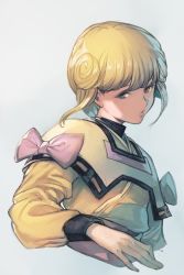  1990s_(style) 1girl amano_ai blonde_hair den&#039;ei_shoujo female_focus grey_background hungry_clicker looking_at_viewer retro_artstyle short_hair simple_background solo upper_body video_girl_ai 