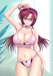 00s 1girl adapted_costume arm_up armpits backlighting bikini blue_eyes bracelet breasts can choker cleavage closed_mouth coffee collarbone covered_erect_nipples drink evangelion:_2.0_you_can_(not)_advance glasses groin hair_tie hand_on_own_thigh head_tilt hip_focus holding jewelry kishi_nisen large_breasts legs_together lens_flare light_smile long_hair looking_at_viewer low_twintails makinami_mari_illustrious navel neon_genesis_evangelion parted_bangs pink_bikini plugsuit product_placement purple_hair rebuild_of_evangelion red-framed_eyewear red_hair sideboob skindentation smile solo standing swimsuit thigh_gap thighs twintails underboob wide_hips rating:Sensitive score:118 user:danbooru