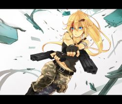  1girl action bad_id bad_pixiv_id belt blonde_hair blood blood_on_face blue_eyes boots camouflage camouflage_pants dual_wielding fingerless_gloves frown gloves gun hair_ornament hairclip handgun highres holding letterboxed long_hair original pants pistol ponytail skull_hair_ornament solo soul4444 tank_top weapon 