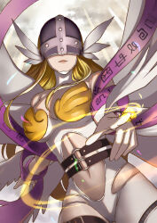  1girl angel angel_wings angewomon armor asymmetrical_clothes aura bare_shoulders belt blonde_hair breastplate breasts clothing_cutout cloud covered_eyes cowboy_shot digimoji digimon digimon_(creature) energy feathered_wings head_wings helmet helmet_over_eyes highres large_breasts leg_belt light_rays long_hair looking_at_viewer navel o-ring oumi_mizu pink_ribbon pointing pointing_at_viewer ribbon solo stomach_cutout translation_request wings 