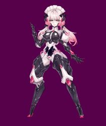  1girl absurdres blue_eyes bodysuit breasts covered_erect_nipples digitigrade exoskeleton full_body highres jian_xuanyuan large_breasts latex long_hair looking_at_viewer low_twintails mask mecha_musume mechanical_arms mechanical_legs mouth_mask original pink_hair purple_background second-party_source shiny_clothes skin_tight solo standing stealth_bondage twintails variant_set 
