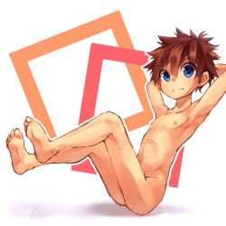  1boy bad_id barefoot blue_eyes brown_hair feet full_body looking_at_viewer lowres male_focus shota simple_background solo toes wool_bl  rating:Questionable score:36 user:Epox