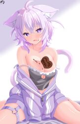  1girl absurdres ahoge animal_ear_fluff animal_ears between_breasts black_camisole blush breasts camisole candy cat_ears cat_girl cat_tail chocolate chocolate_heart chocolate_on_body chocolate_on_breasts chocolate_on_face cleavage food food_on_body food_on_face heart heart_o-ring highres hololive jacket large_breasts looking_at_viewer medium_hair muutsu_(maxwell0916) nekomata_okayu nekomata_okayu_(membership) o-ring o-ring_thigh_strap official_alternate_costume purple_eyes purple_hair purple_jacket purple_shorts shorts solo tail thigh_strap tongue tongue_out two_side_up virtual_youtuber 