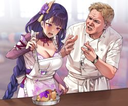  1boy 1girl @_@ absurdres apron blonde_hair blunt_bangs blurry blurry_background braid breasts bridal_gauntlets chef crossover electricity food foxyreine frilled_apron frills frying_pan genshin_impact gordon_ramsay hair_ornament hand_up hands_up hell&#039;s_kitchen highres holding indoors ladle large_breasts long_hair low-braided_long_hair low-tied_long_hair mole mole_under_eye neck_ribbon obi open_mouth parted_lips purple_eyes purple_hair raiden_shogun raised_eyebrows real_life ribbon sash short_hair spoon tearing_up watch white_apron window wrinkled_skin wristwatch  rating:Sensitive score:78 user:danbooru
