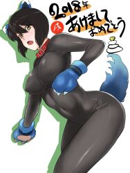  1girl animal_ears animal_hands black_bodysuit black_hair bob_cut bodysuit breasts brown_eyes chloe_valens cholesenel collar fake_animal_ears fake_tail highres large_breasts looking_at_viewer open_mouth short_hair simple_background skin_tight smile solo tail tales_of_(series) tales_of_legendia very_short_hair white_background yellow_eyes 