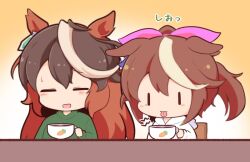  2girls animal_ears blush_stickers brown_background brown_hair cat&#039;s_tongue chair chibi closed_eyes cup gomashio_(goma_feet) gradient_background green_shirt hair_between_eyes hair_ribbon holding holding_cup hood hood_down hoodie horse_ears long_sleeves multicolored_hair multiple_girls on_chair pink_ribbon ponytail ribbon shirt small_sweatdrop streaked_hair sweat symboli_rudolf_(umamusume) tears tokai_teio_(umamusume) tongue tongue_out translation_request two-tone_hair umamusume upper_body white_background white_hair white_hoodie |_| 