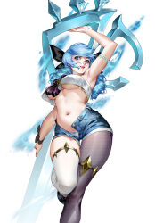 1girl absurdres alternate_costume arm_up black_footwear blue_hair breasts crop_top drill_hair gwen_(league_of_legends) highres holding holding_scissors hua_zhong_yu large_breasts league_of_legends navel open_clothes open_shorts scissors shirt shorts simple_background single_thighhigh solo thighhighs twin_drills twintails underboob white_background white_shirt white_thighhighs rating:Sensitive score:23 user:danbooru