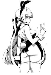  1girl animal_ears ass blue_archive bow breasts closed_mouth detached_collar fake_animal_ears from_behind greyscale hair_bow headset ireading leotard long_hair looking_at_viewer looking_back medium_breasts monochrome playboy_bunny rabbit_ears rabbit_tail simple_background solo tail thighhighs toki_(blue_archive) toki_(bunny)_(blue_archive) v very_long_hair wrist_cuffs 