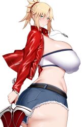  1girl arind_yudha ass bandeau belt blonde_hair blue_shorts blush braid breasts clarent_(fate) cutoffs denim denim_shorts fate/apocrypha fate/grand_order fate_(series) french_braid green_eyes highres huge_breasts jacket jewelry long_hair long_sleeves looking_at_viewer mordred_(fate) mordred_(fate/apocrypha) mordred_(memories_at_trifas)_(fate) necklace open_clothes open_jacket parted_bangs ponytail red_jacket short_shorts shorts sidelocks solo sword thighs weapon  rating:Sensitive score:11 user:danbooru